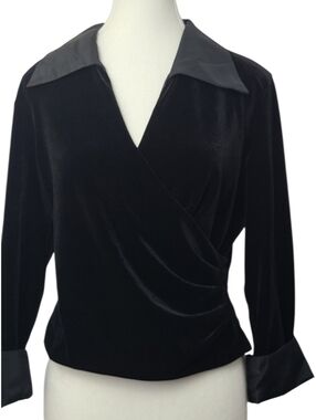 Talbots Petites Black Faux Wrap Velour Blouse Women’s Size 10P 3/4 Sleeve